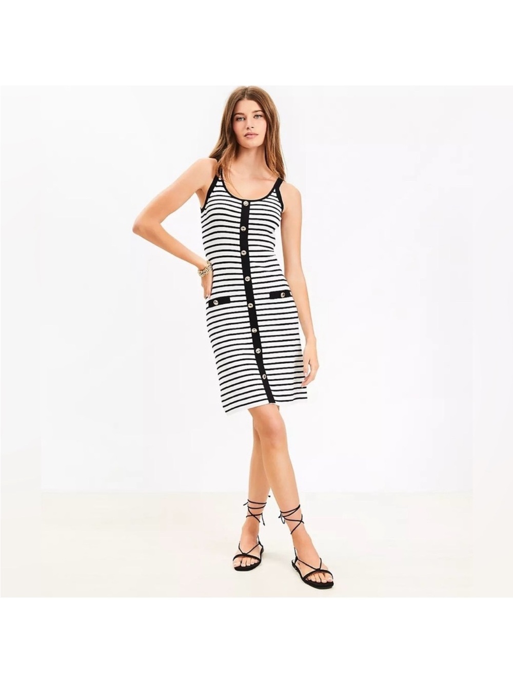 LOFT Black and White Striped Button-Front Mini Dress